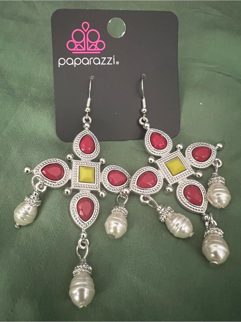Paparazzi Silver-Tone Red & Yellow Statement Dangle Earrings with Pearl Drops